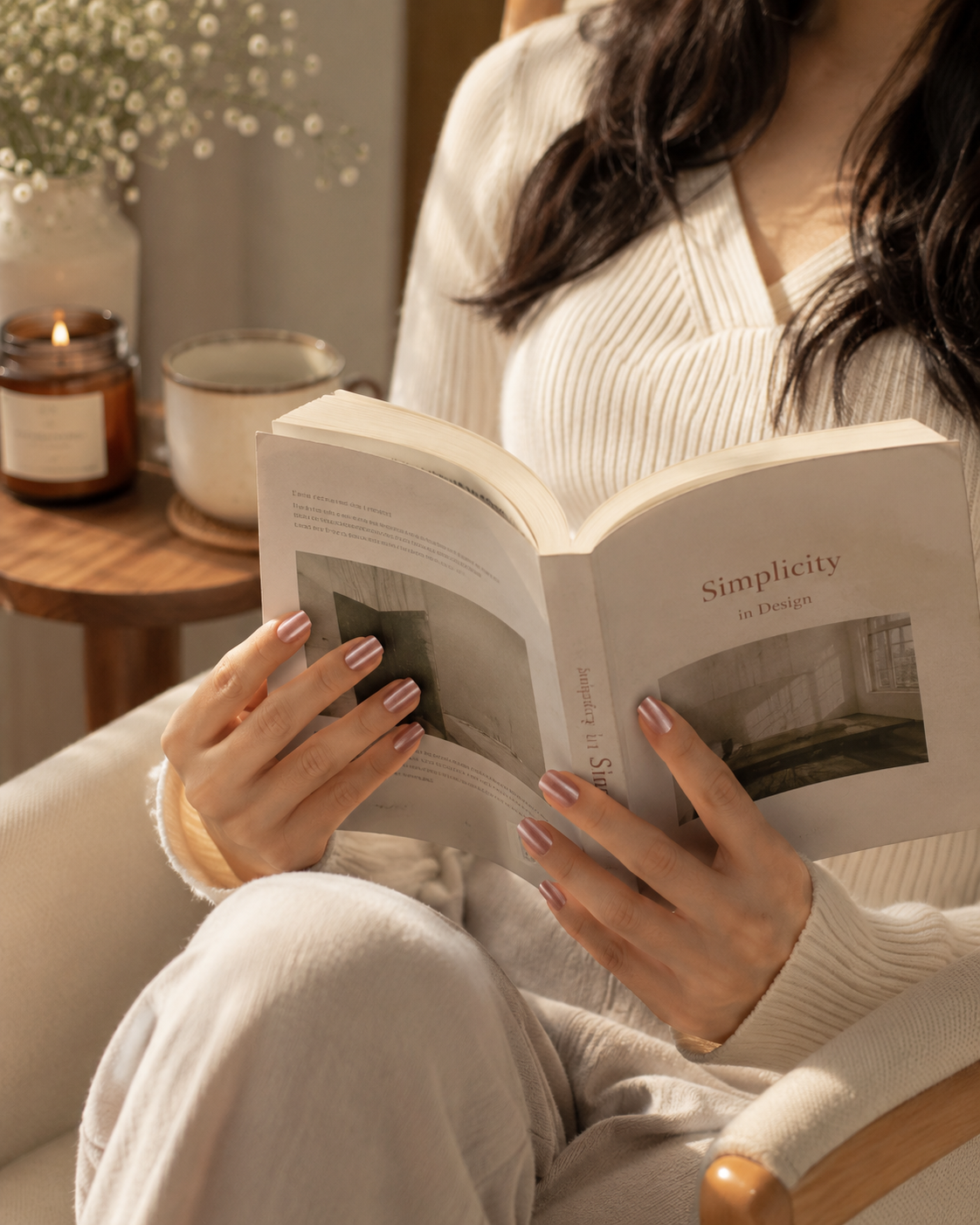 Woman relaxing in a cozy chair while reading a book, showcasing rose chrome press-on nails with a glossy metallic finish in a warm minimalist interior.