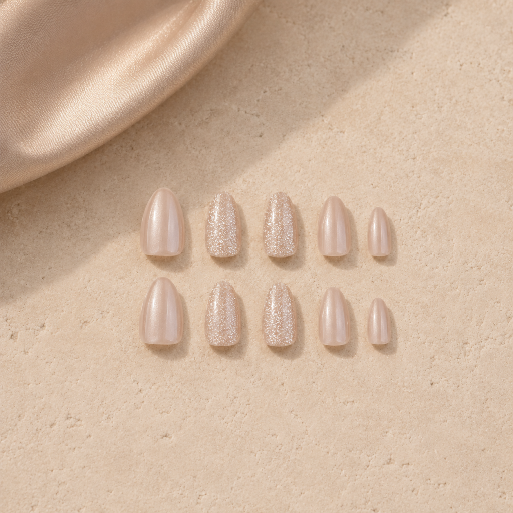 Set of nude blush press-on nails with subtle shimmer and glitter accent nails arranged on a beige stone surface with satin fabric, luxury nail product flat lay.