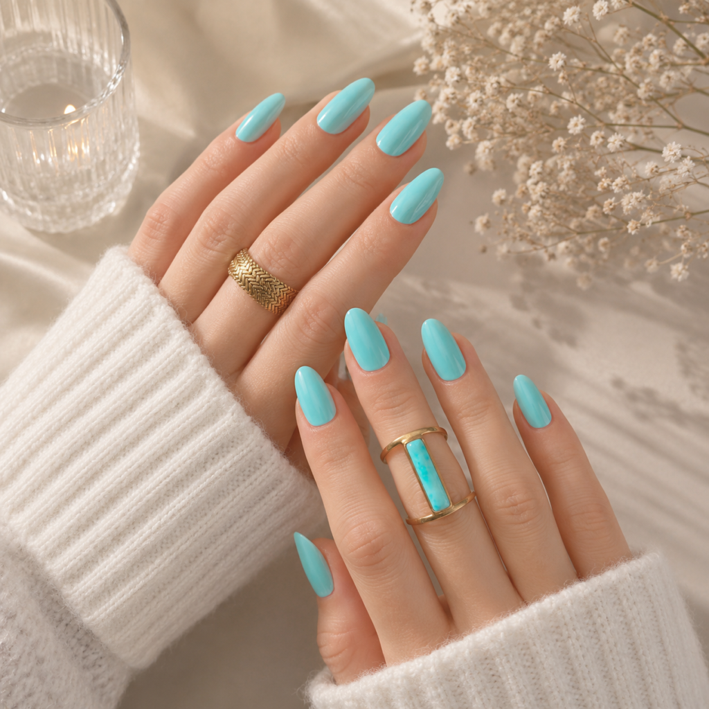 Seafoam Sapphire glossy press-on nails in a soft blue-green shade styled with gold rings and a cozy knit sweater.