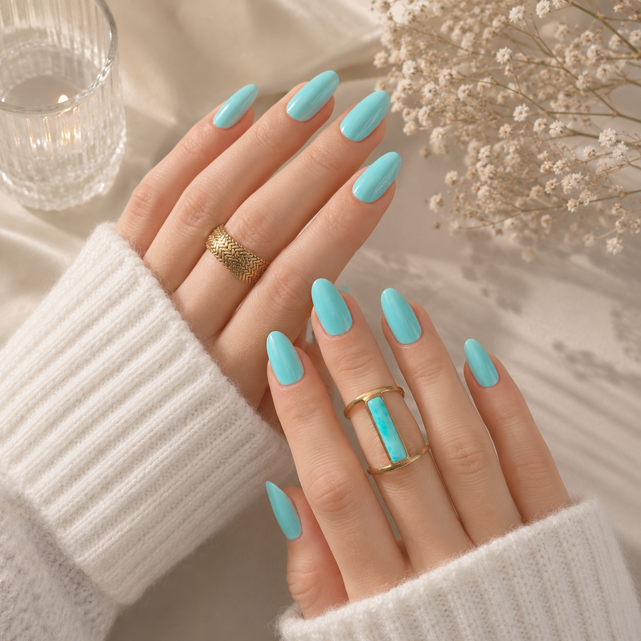 Seafoam Sapphire glossy press-on nails in a soft blue-green shade styled with gold rings and a cozy knit sweater.