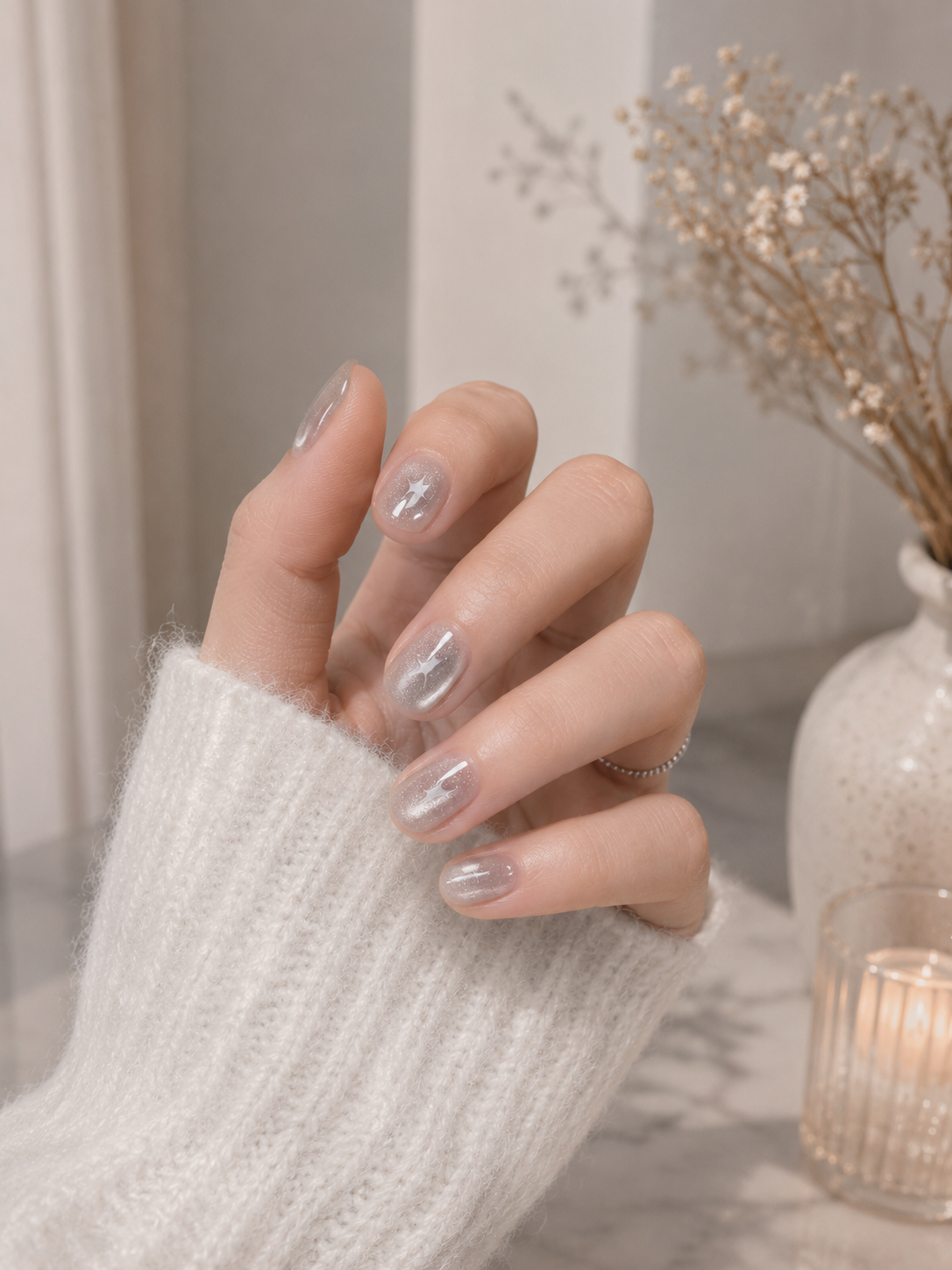 Hand wearing pearl shimmer press-on nails with glossy white finish and star details, styled with elegant jewelry and soft neutral tones.