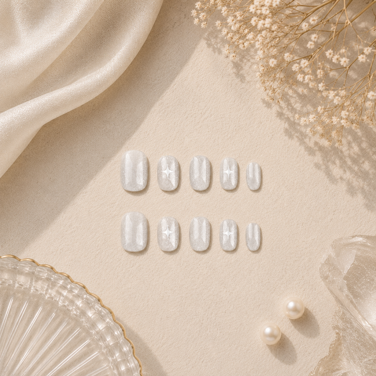 Pearl shimmer press-on nails with delicate star accents arranged on a luxury flat lay featuring pearls, crystal decor, and soft ivory fabric.