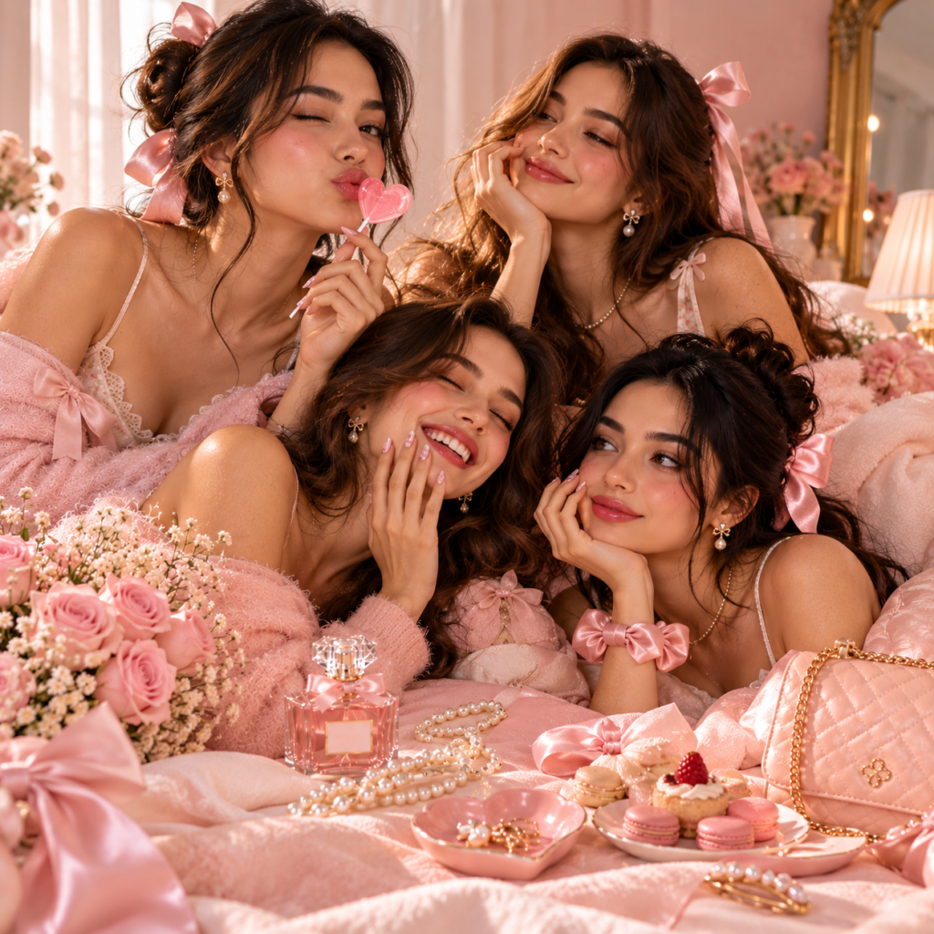 Pastel Pink Beauty Sleepover Our first style is all about romantic femininity, pretty details, soft pinks, delicate pearls, satin bows, and dreamy little luxuries.